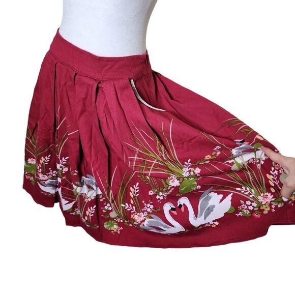 Lindy Bop Retro Circle Swing Skirt Swans Floral Womens Size 6 Red Pinup - Picture 3 of 9